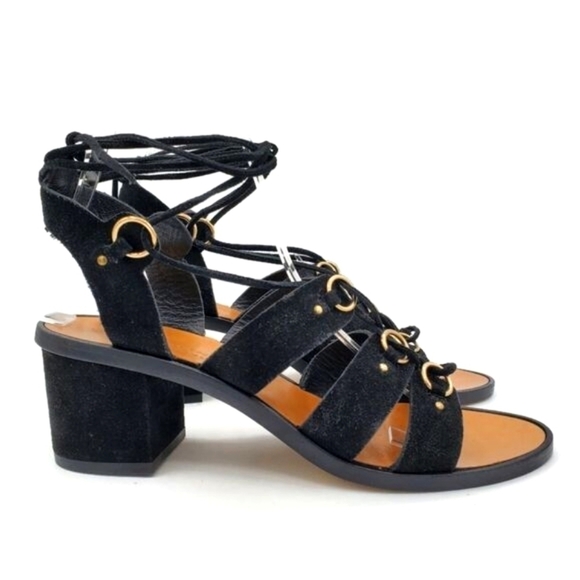Club Monaco Jonet Black Suede Gold Rings Lace-Up Ankle Wrap Block Heel Sandals - Picture 2 of 12